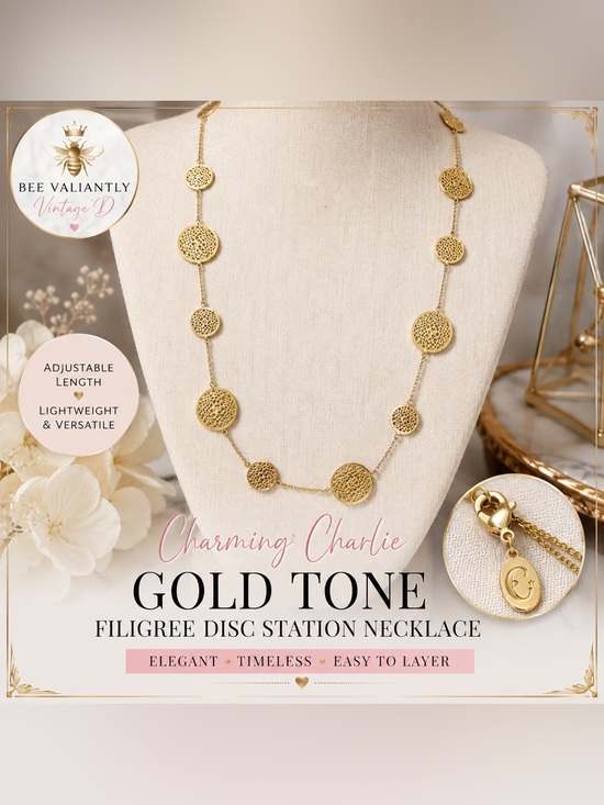 Charming Charlie Jewelry - Charming Charlie Gold Filigree Disc Station Necklace